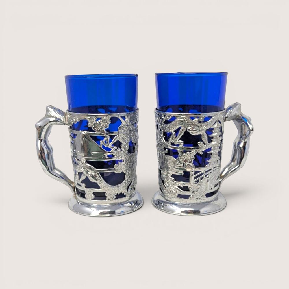 Vintage Japanese Silverplate Tankards Cobalt Glass Liners Figural Handles Boxed